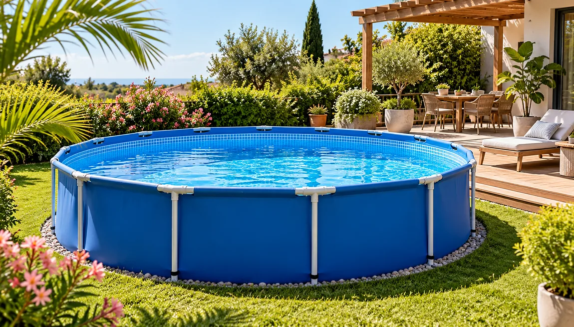 Piscina desmontable redonda instalada en un jardín soleado