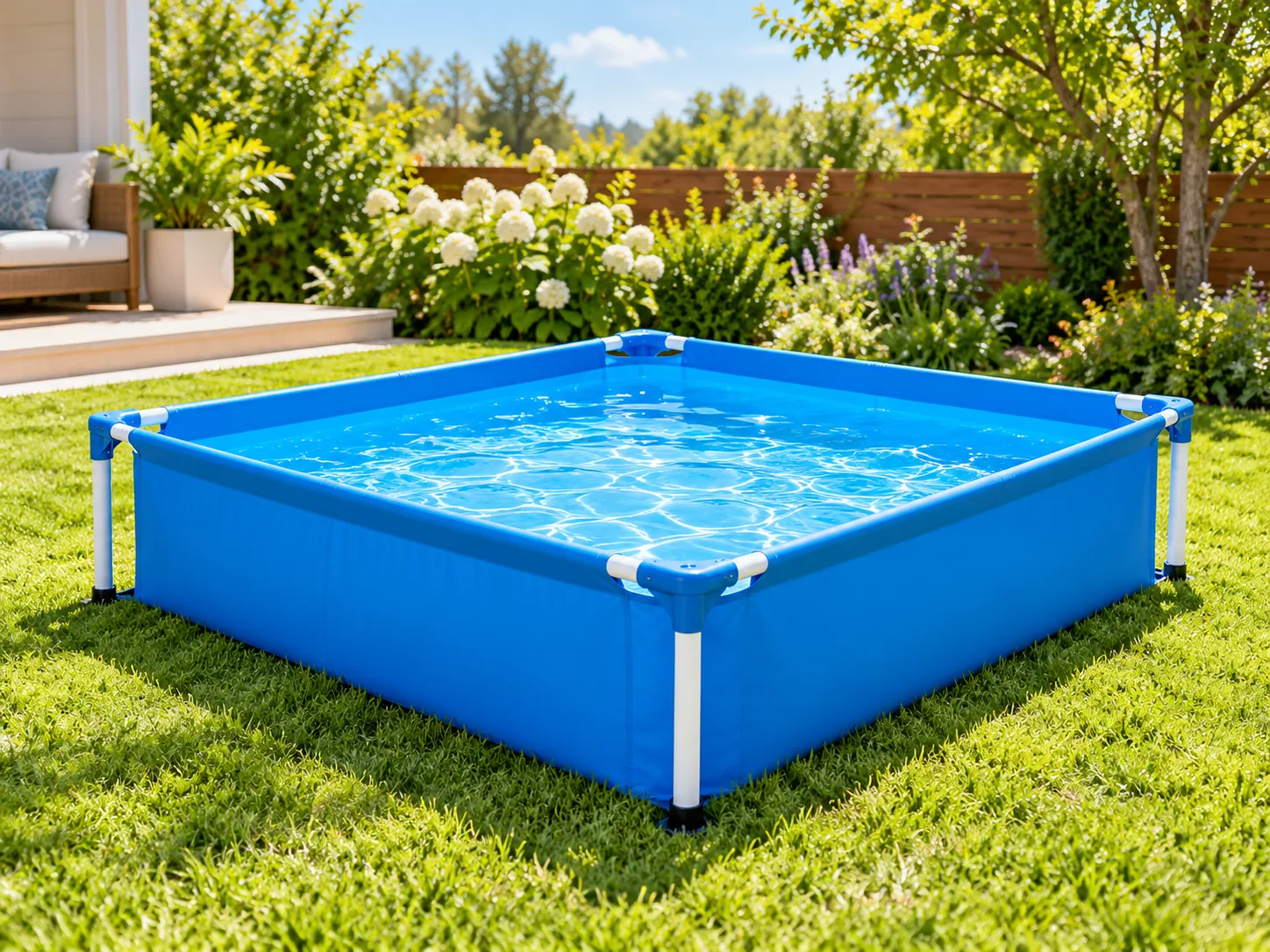 Recreación visual orientativa de piscina desmontable, no es una fotografía oficial del modelo Bestway Steel Pro MAX