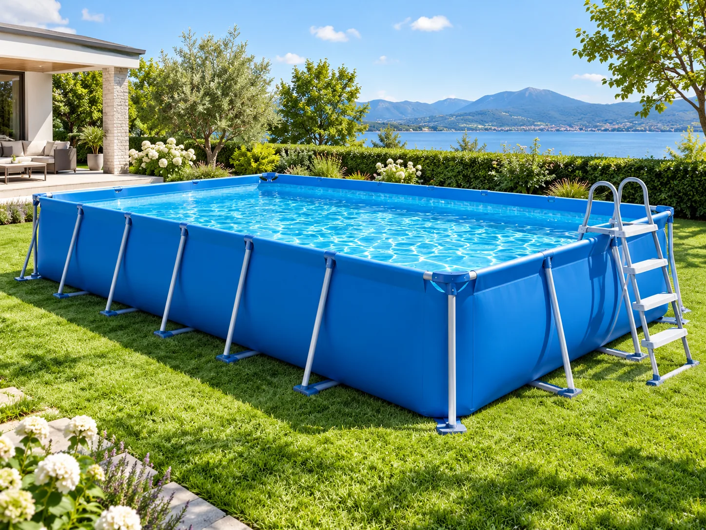 Recreación visual orientativa de piscina desmontable, no es una fotografía oficial del modelo Bestway Steel Pro MAX 56418